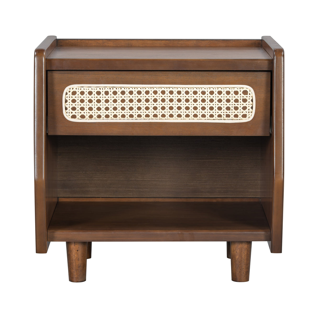 Walnut Nightstand with Rattan Detail, MDF + Solid Wood
