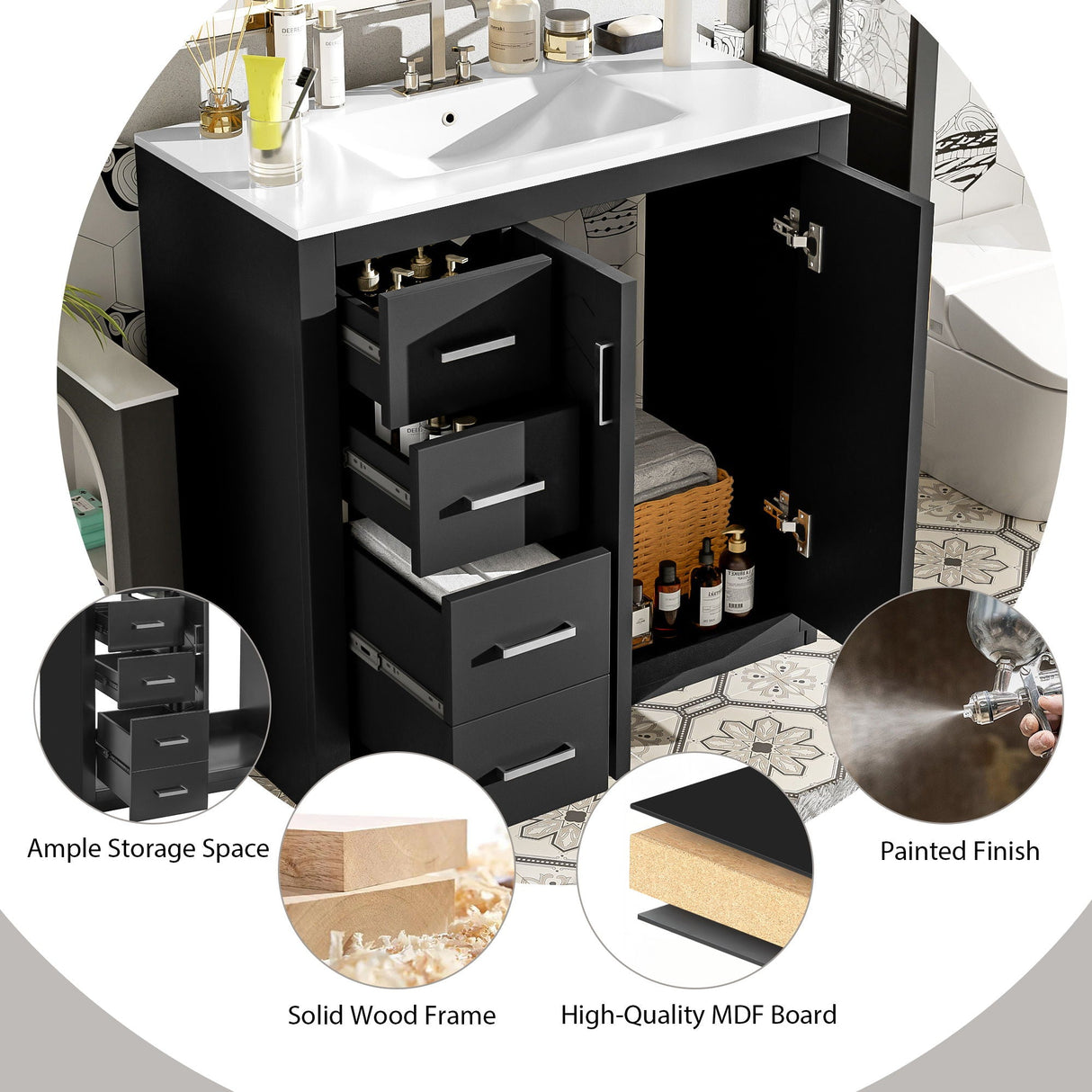 Bathroom Vanity With Sink Combo, Storage Cabinet, Freestanding Set With 3 Drawers & Soft Closing Doors
