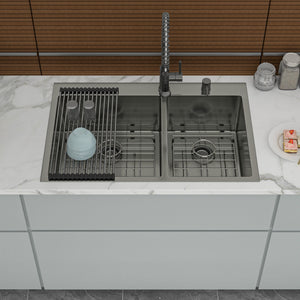 Double Bowl Drop-In Sink With 2 - 9" Deep Basins - Gunmetal Black