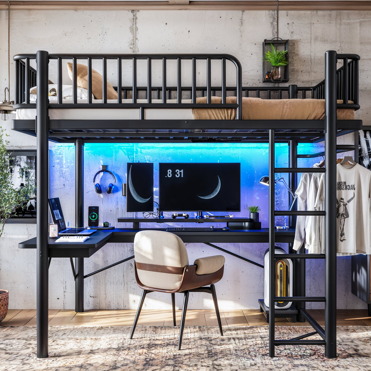 Full Loft Bed with L-Shaped Desk and LED Light Strip