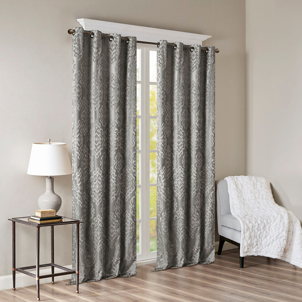 Charcoal Knitted Jacquard Damask Blackout Curtain Panel with Silver Grommets