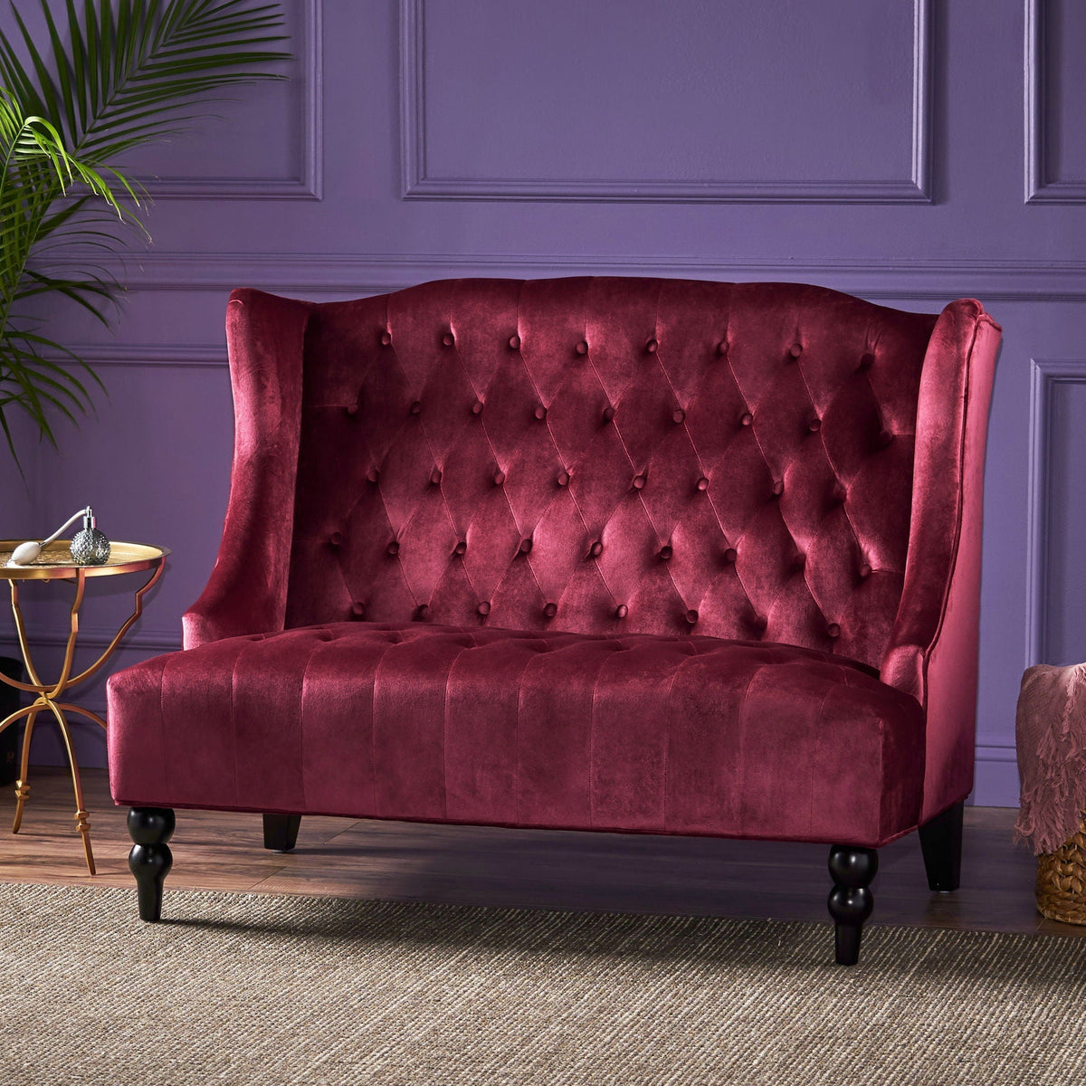 Upholstered Loveseat with Wing Back and Diamond Tufting - Multiple Colors