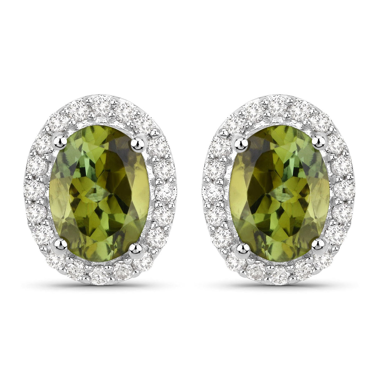 1.92 Carat Genuine Green Tourmaline and White Diamond 14K White Gold Earrings