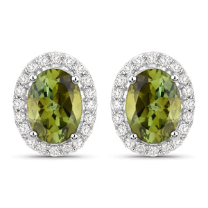 1.92 Carat Genuine Green Tourmaline and White Diamond 14K White Gold Earrings