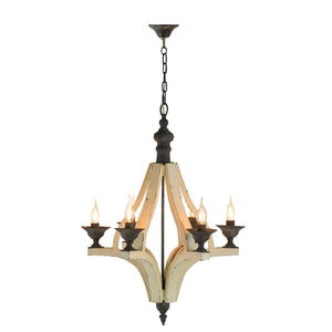 6 Light Wood Chandelier with Adjustable Chain - Cream