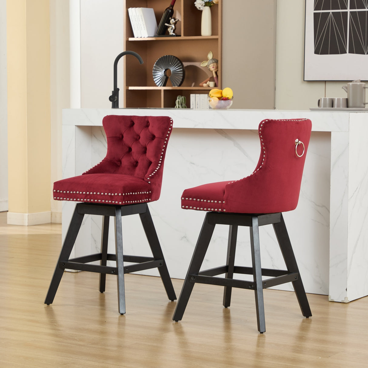Swivel Velvet Barstools with Button Tufted Decoration, Set of 2 (Wine Red)