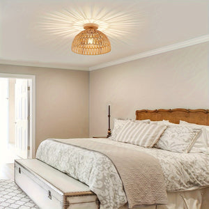 Boho Rattan Ceiling Light Flush Mount Handwoven Pendant Lamp for Bedroom