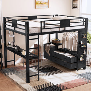Queen Size Loft Bed with Desk & Shelves