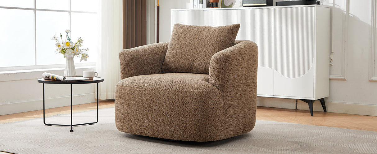 Chenille Upholstered 360° Swivel Chair with Throw Pillow, Dark Brown