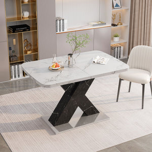 Rectangle Dining Table With Stretchable Top, X Shape Mdf Legs With Steel Base - White / Black