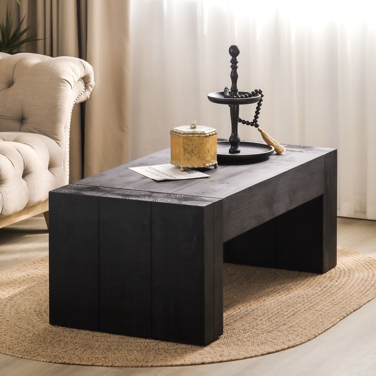 Modern Black Solid Wood Coffee Table, 49in Rectangular Coffee Table for Living Room, Farmhouse & Contemporary Decor