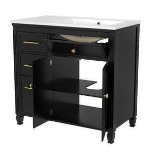 Modern Bathroom Vanity With Ceramic Sink, Freestanding, One Tip Out Drawer, 3 Side Drawers, Adjustable Shelf