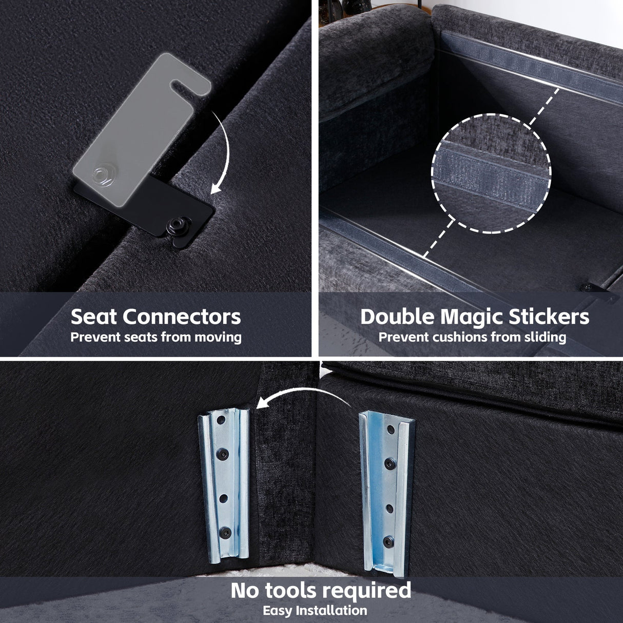 Living Room Furniture Big Loveseat Luxury Couch with Soft Chenille Upholstered Sofa Black