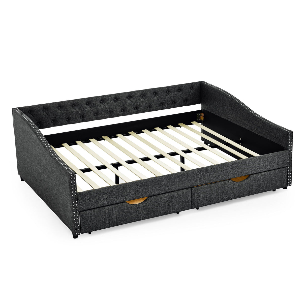 Upholstered Tufted Daybed With 2 Drawers, Waved Arms