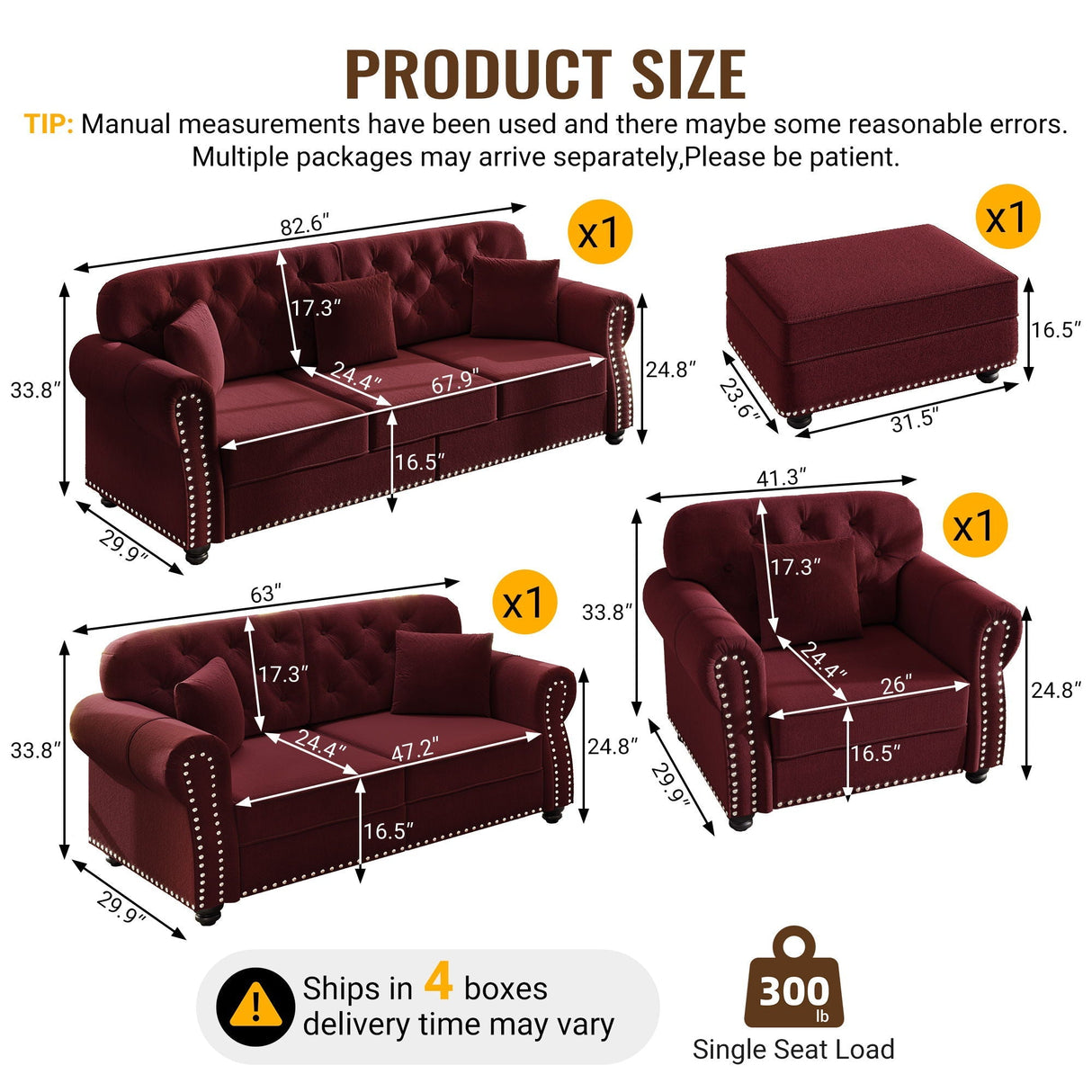 Upholstered Sofa Set With Nailhead Trim and Rolled Armrests, Includes Pillows