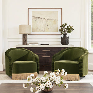 Serena 31.5" Ruched Barrel Back Accent Arm Chair with Bullion Fringe, Olive