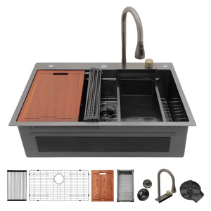 Waterfall Kitchen Sink With Pull Out Faucet & Cup Washer