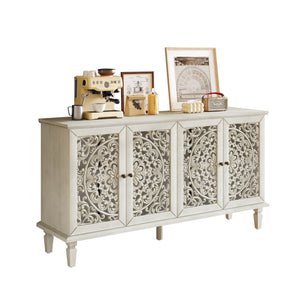 60" Antique Buffet Cabinet with Floral Carvings and Solid Wood Legs