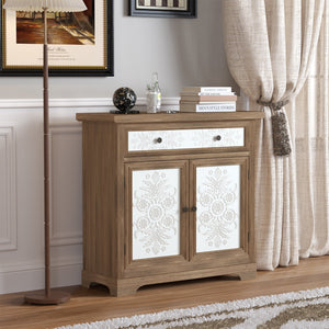 Rustic Vintage Accent Cabinet with Carved Floral Panels