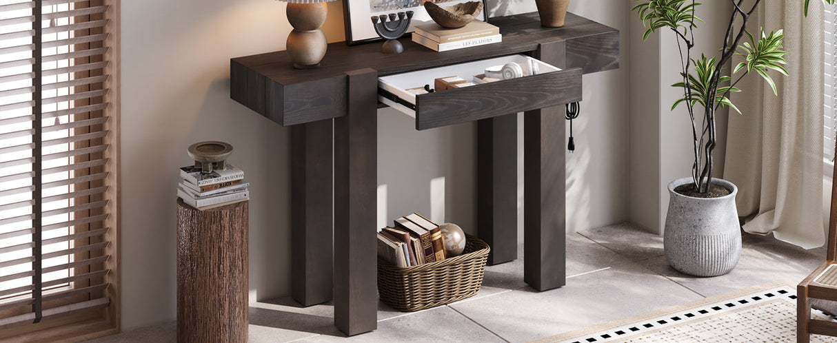 TREXM Rustic Minimalist Console Table with Hidden Drawer