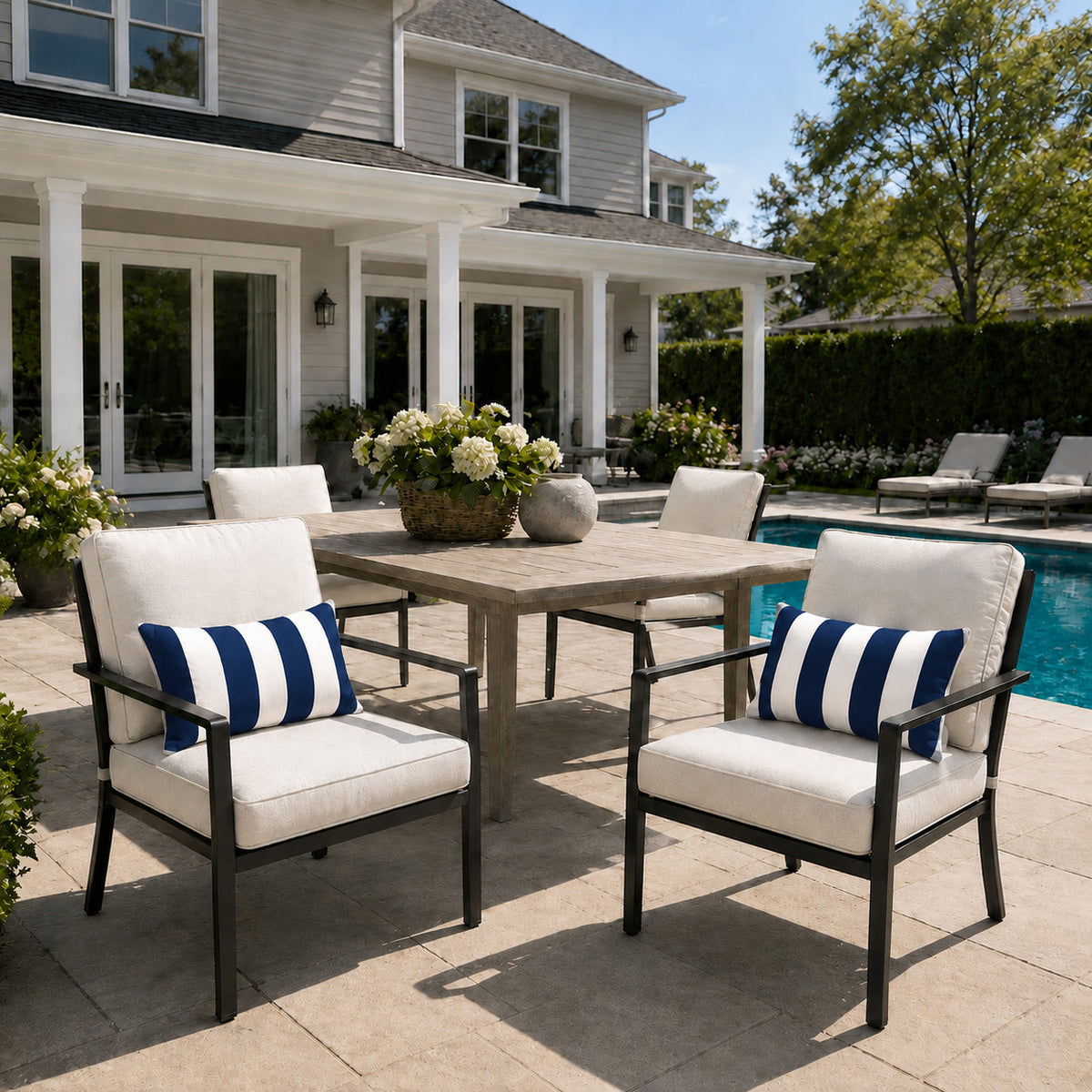 2 Pack Outdoor Lumbar Pillow Covers - Navy Blue/White Striped