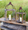 Rustic wood log and antique metal lantern with glass hurricane (set of 2)