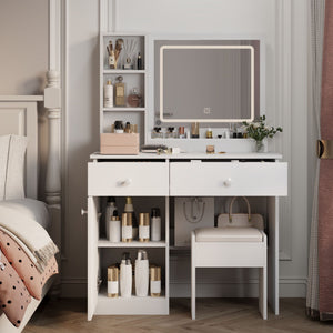 Fashion Vanity Desk With Mirror And Adjustable Lights, Makeup Table Set With 2 Drawers - White