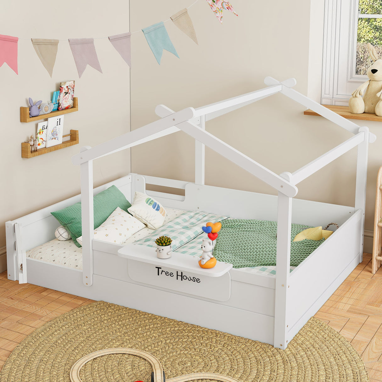 Full Size Floor Bed with Guardrails and Roof