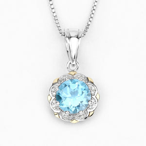 2.32 Carat Genuine Swiss Blue Topaz and White Diamond 14K Yellow Gold with .925 Sterling Silver Pendant