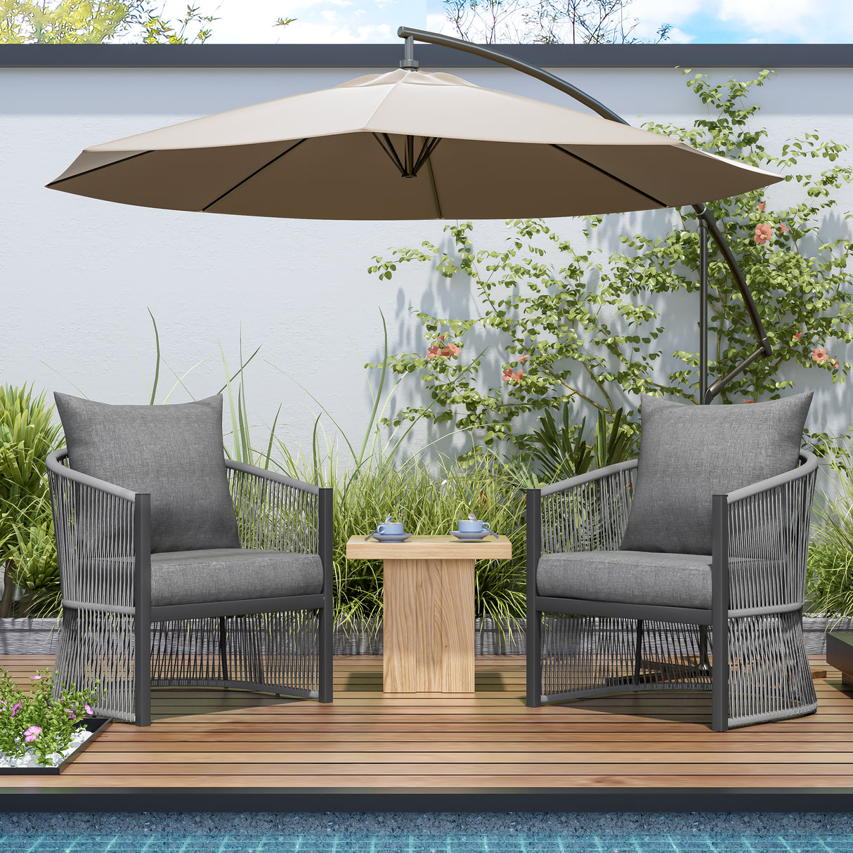 [Set of 2] Modern Gray Curved Aluminum Lounge Chair with Stylish Rope-Weave Design and Cushioned Comfort, Perfect for Outdoor Living