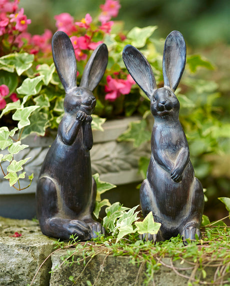 Brown-Long-Ear-Rabbit-Statue-(Set-of-2)-Sculptures-&-Statues