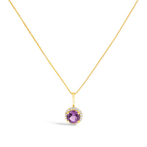 10K White Gold Purple Amethyst and 1/10 Cttw Diamond Accent Halo Pendant Necklace