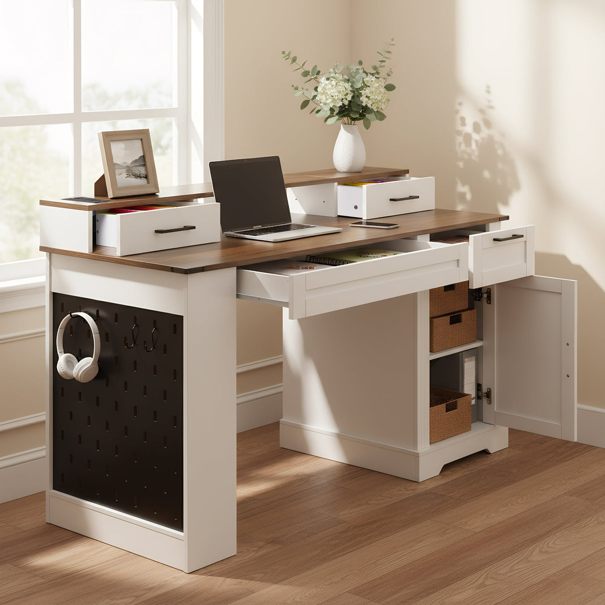 55" Farmhouse Office Desk with Storage Cabinet & Charging Station