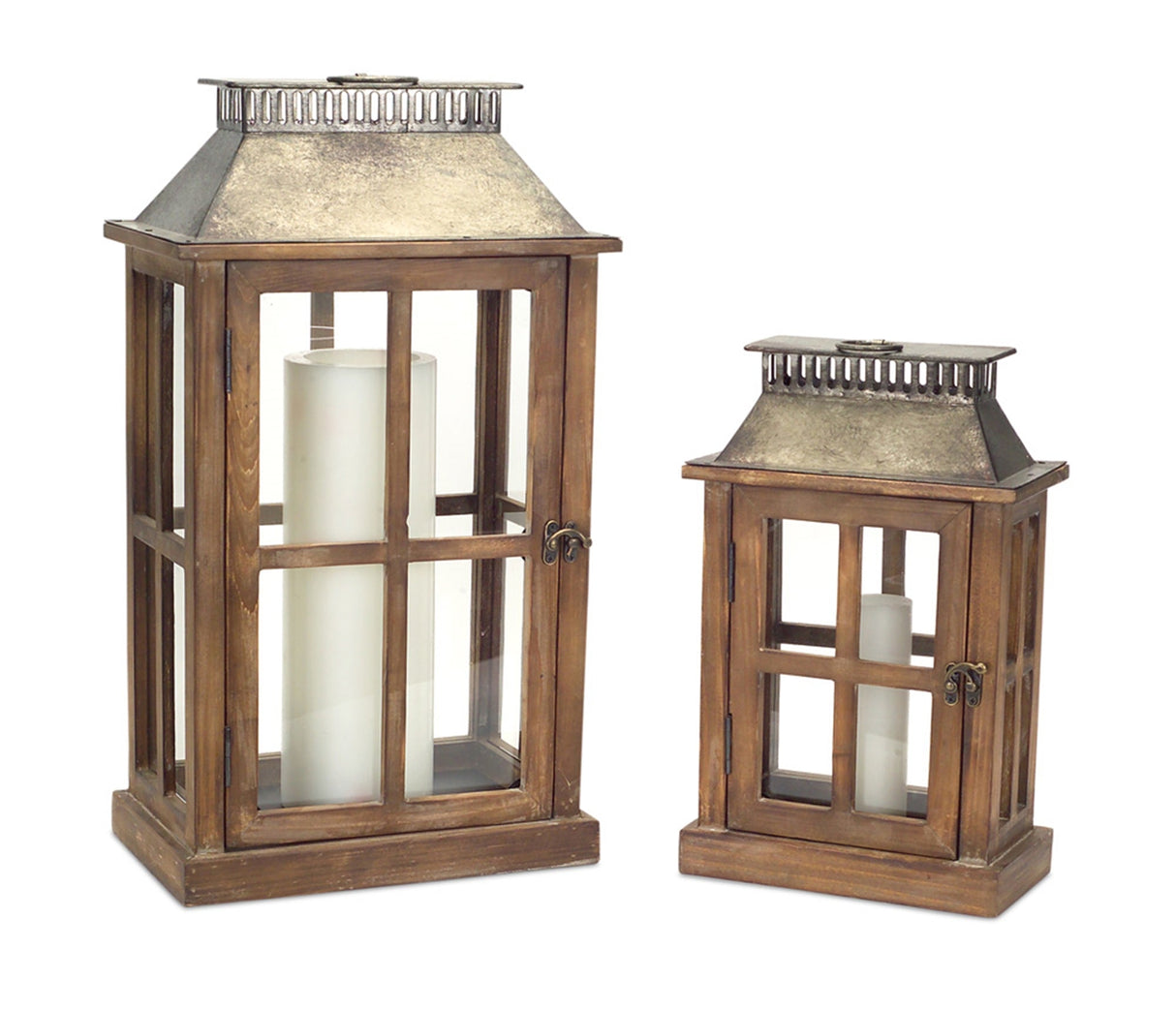 Rustic wood floor lantern with galvanized metal lid (set of 2)
