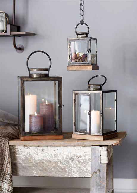 Metal-Box-Lantern-with-Wood-Base-(Set-of-3)-Outdoor-Lighting