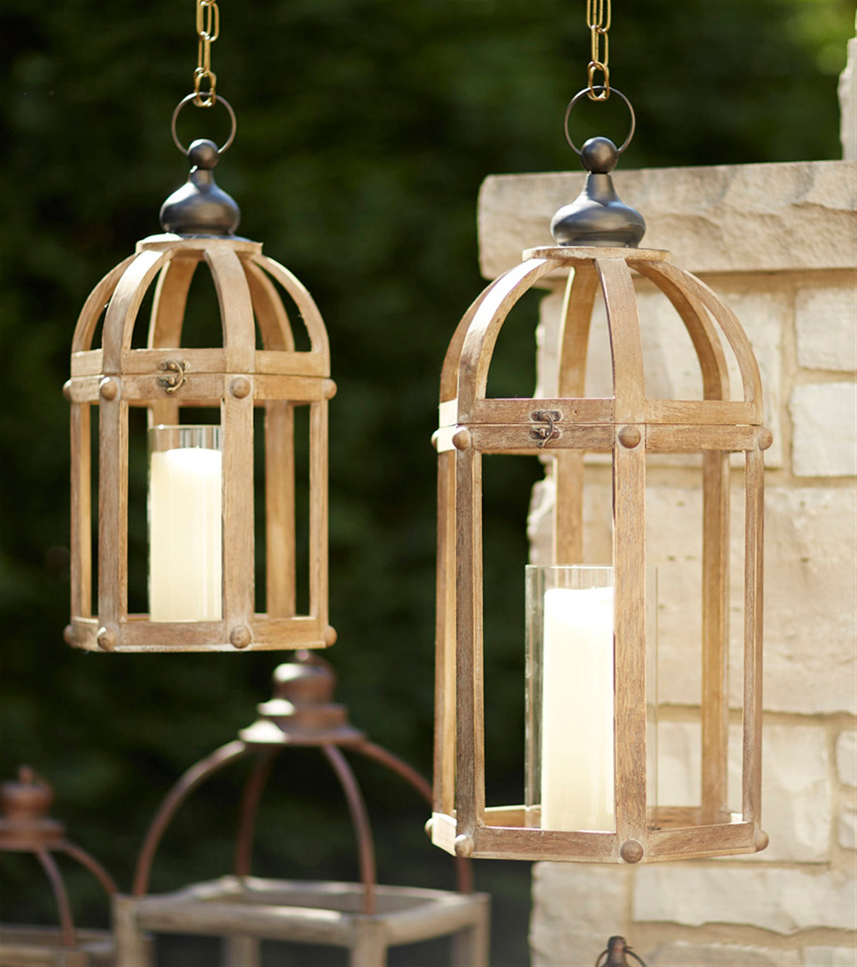 Open wood lantern with glass hurricane (set of 2)