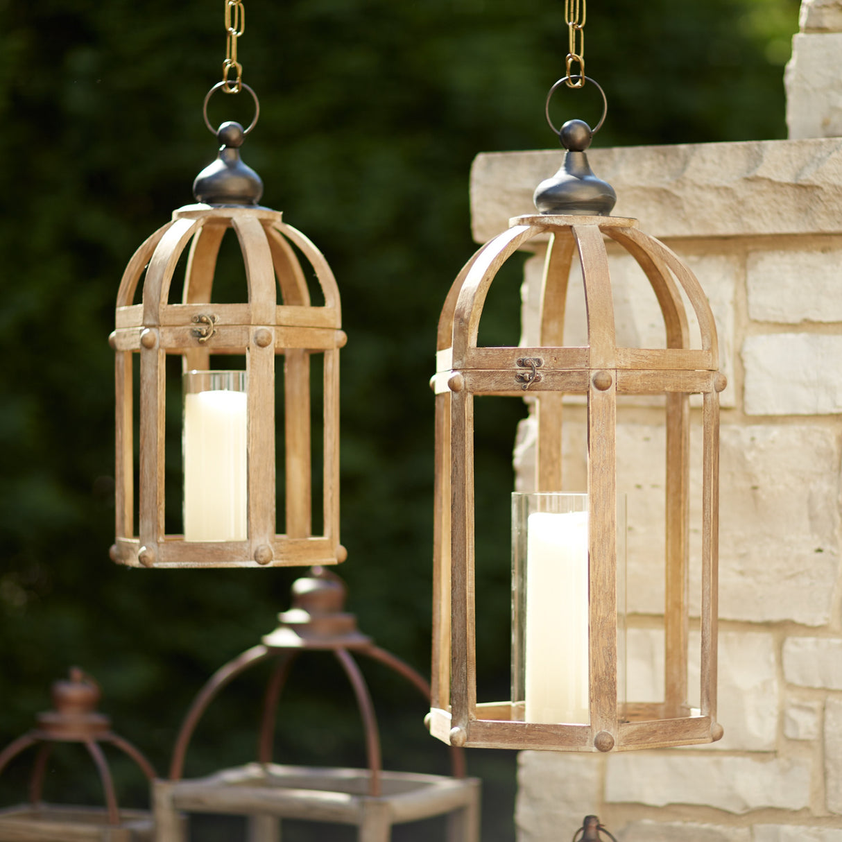 Open wood lantern with glass hurricane (set of 2)