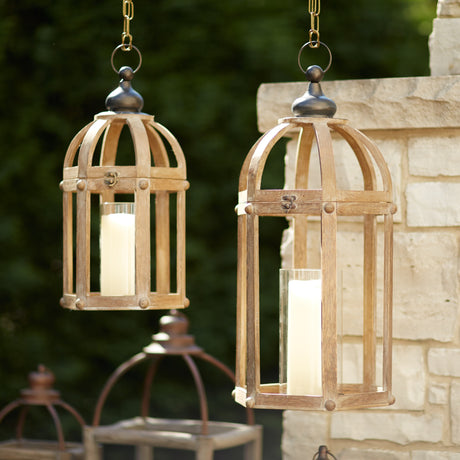 Open wood lantern with glass hurricane (set of 2)