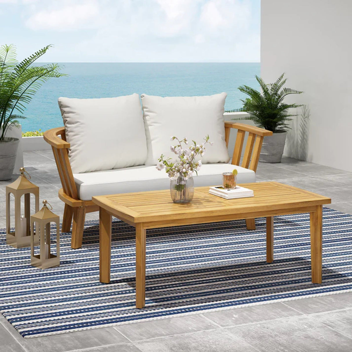 2-Person Outdoor Acacia Wood Patio Seating Group with Cushions and Coffee Table