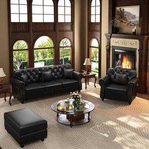 Upholstered Sofa With Nailhead Trim, Rolled Armrests With Ottoman