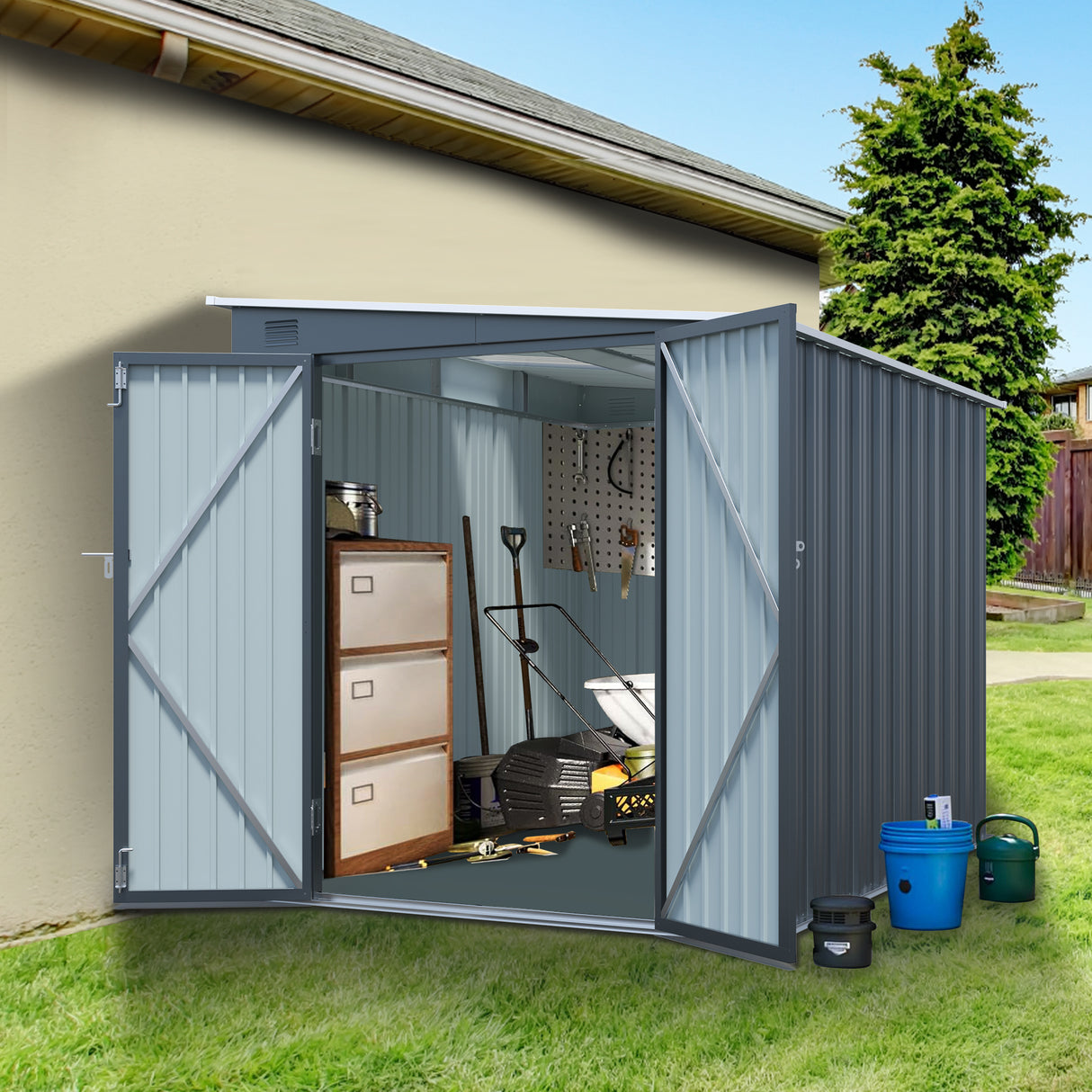6x8FT Galvanized Steel Outdoor Storage Shed with Lockable Double Doors, Metal Lean to Shed with Free PC Light Board for Tools, Bikes & Patio Essentials