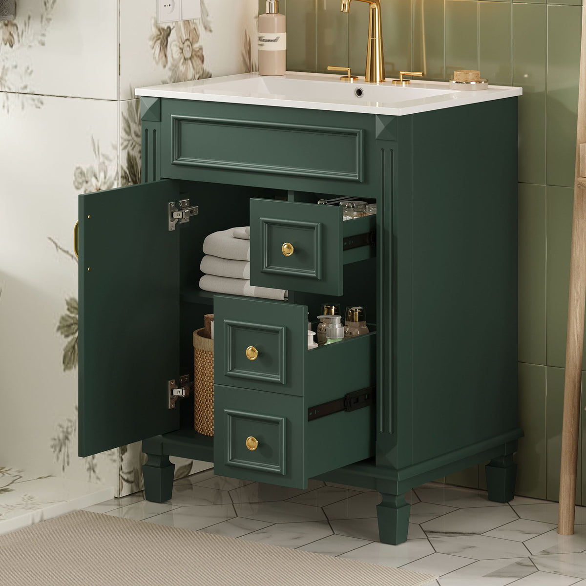 Compact Bathroom Vanity with Ceramic Sink and Storage Drawers - White, Green, Black