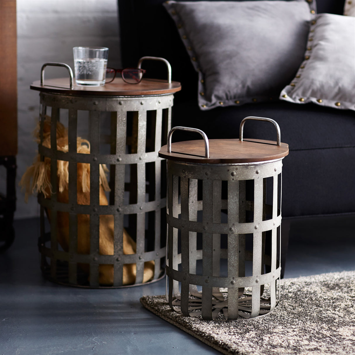 Tampa Metal and Wood Side Basket Tables (Set of 2)