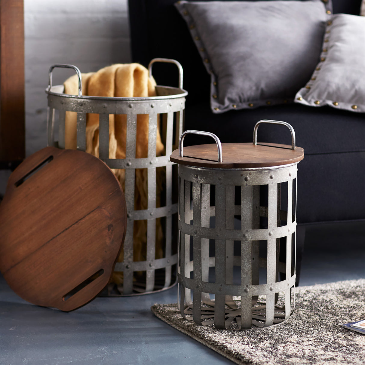Tampa Metal and Wood Side Basket Tables (Set of 2)