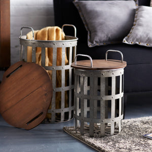 Metal and Wood Side Basket Tables (Set of 2)