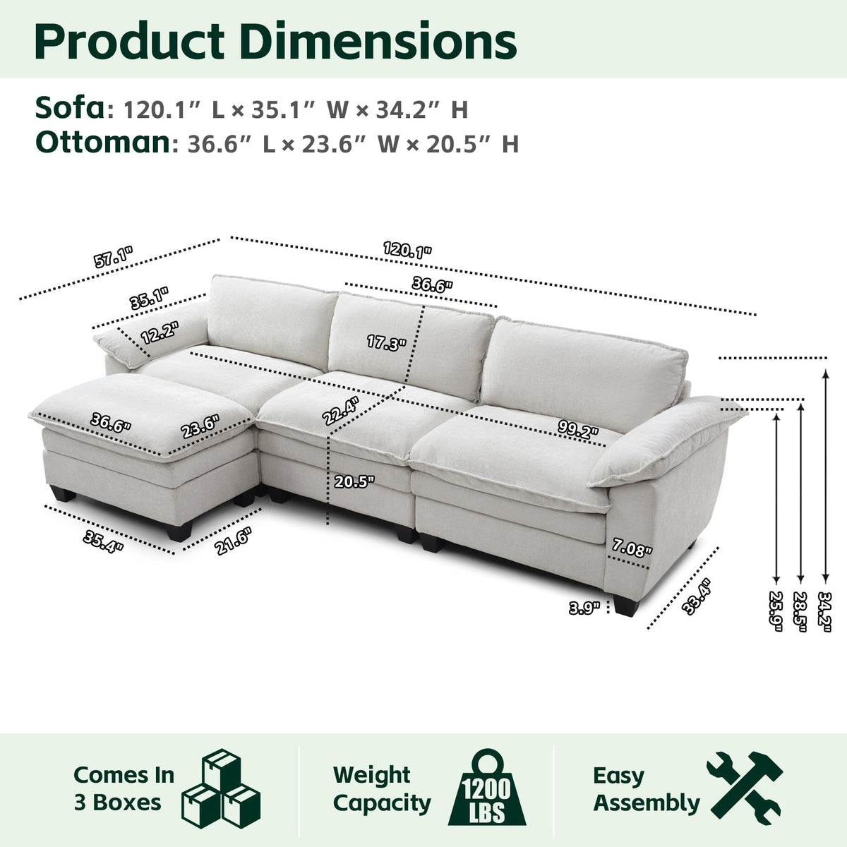 Living Room Furniture Sofa Luxury Couch with Ottoman Soft Chenille Upholstered L Shape Sofa Beige
