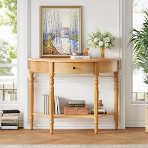 TREXM Farmhouse Half Moon Console Table with Drawer & Shelf