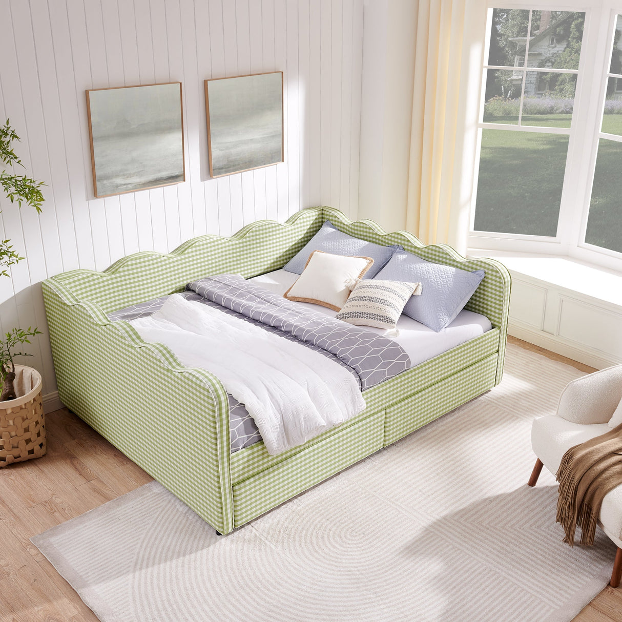 Queen Size Cozy Gingham Daybed with Two Storage Drawers, with USB Port and Adorable Wave Shaped, Linen Fabric