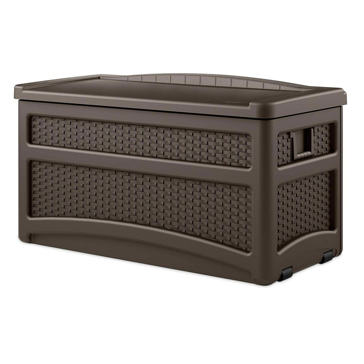 Suncast 73 Gallon Deck Box W/ Seat & Trash Hideaway Outdoor Garbage Bin, Java