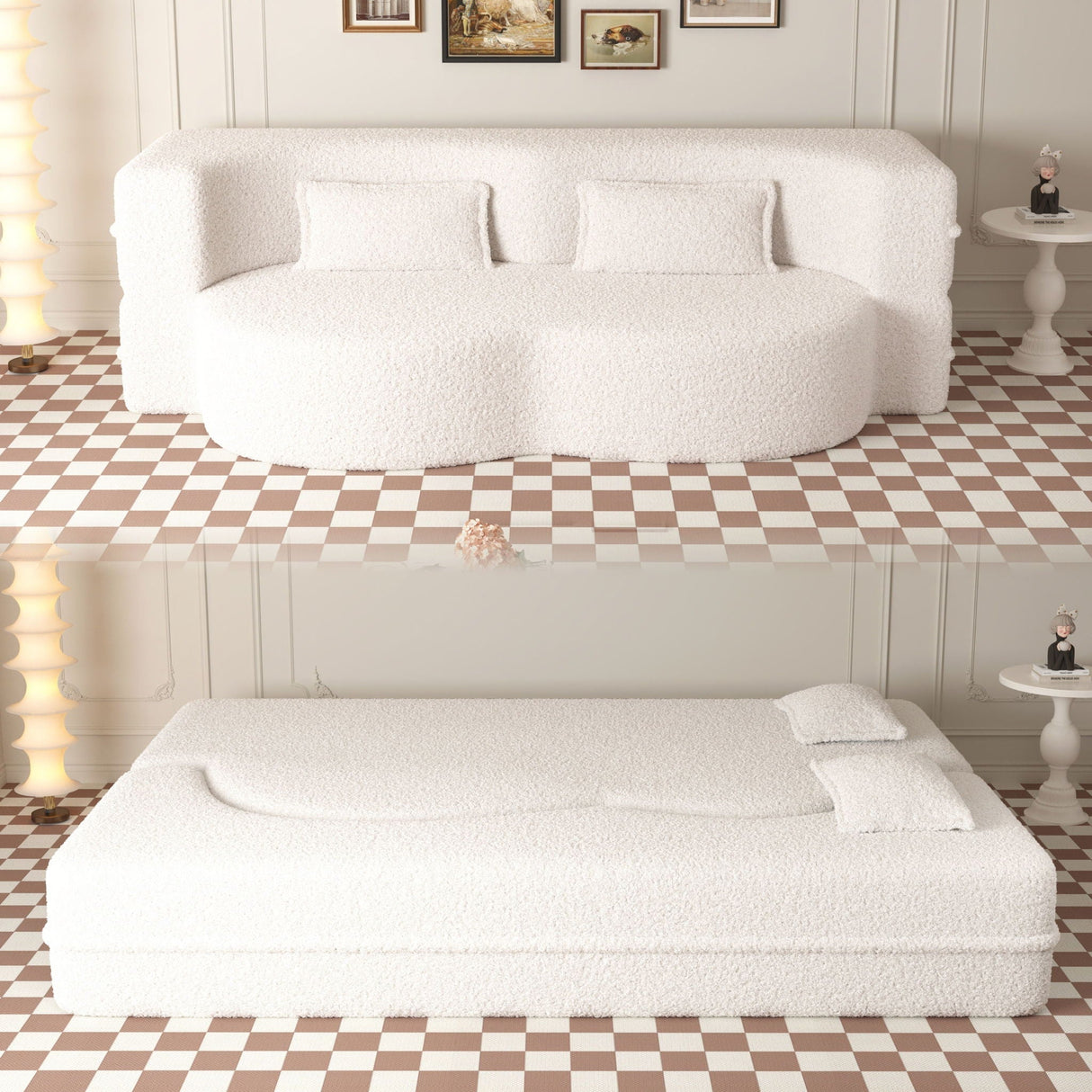 Modern Floor Sofa with 2 Pillows, Convertible Teddy Fabric Foam Filled Bed